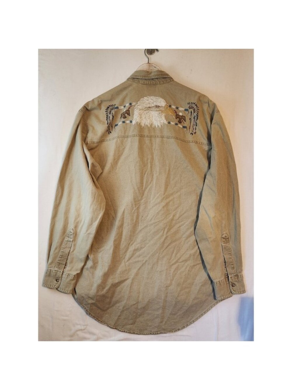 Coldwater Creek Mens XL Tan Cotton Eagle Graphic Button Down Shirt Made in USA
